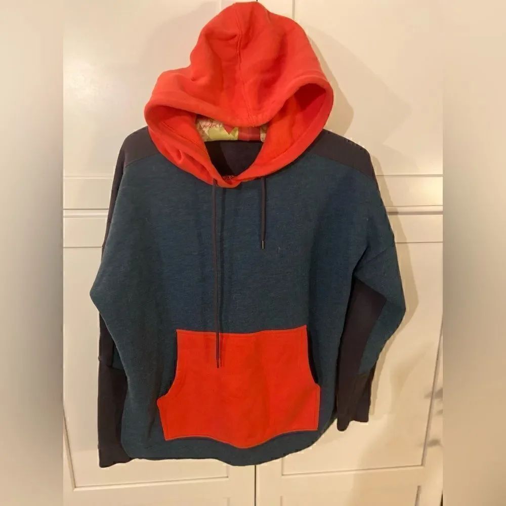 Madewell Womens Sz Small Hoodie Oversized Colorblock Side Slit Coral Blue Teal